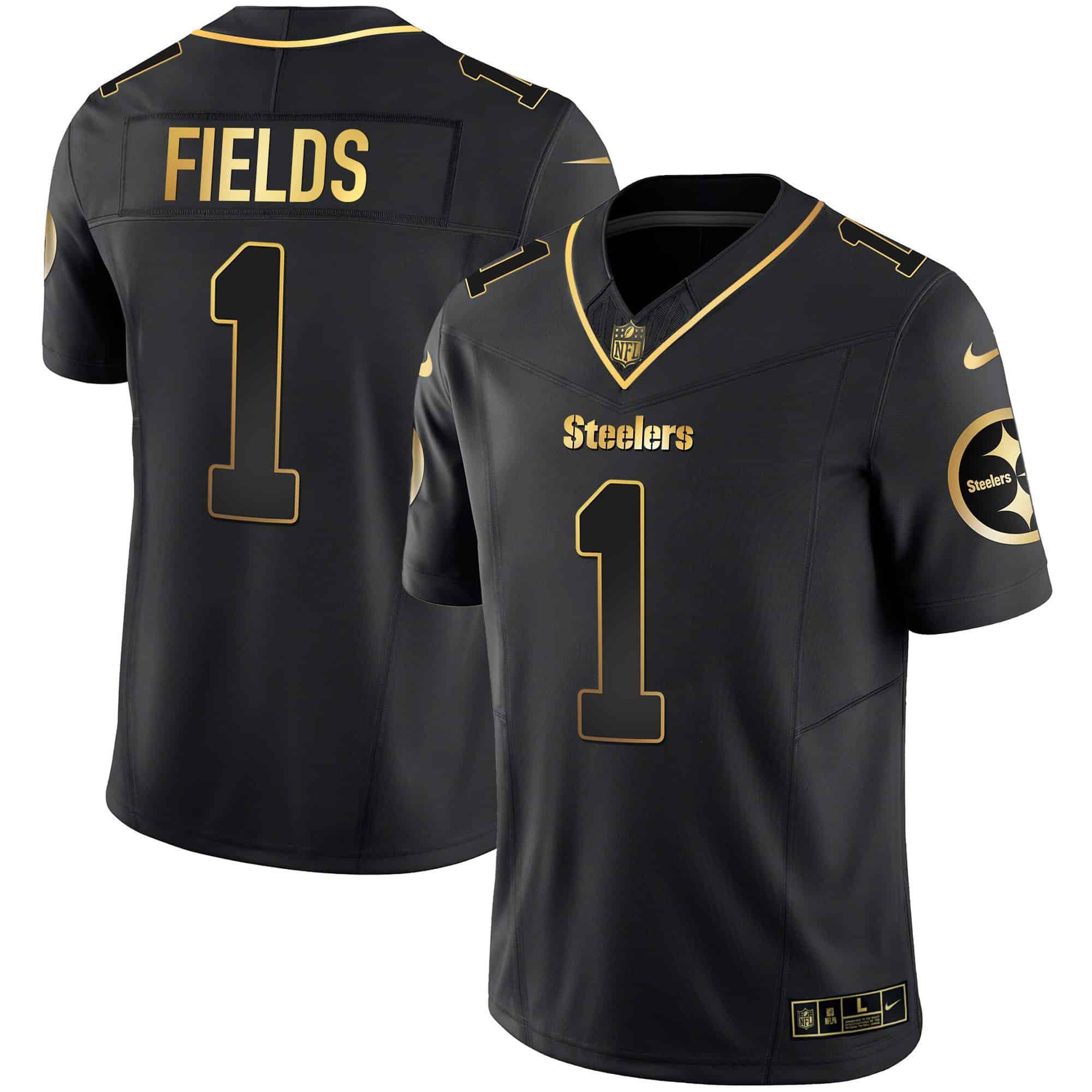 Men Pittsburgh Steelers #1 Fields Black Gold 2024 Nike Vapor Limited NFL Jersey style 2